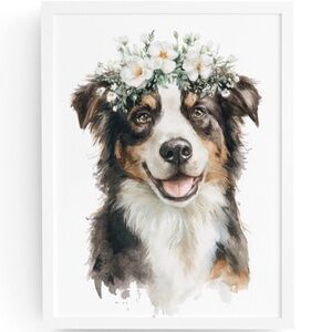 Watercolor Australian Shepherd Dog Portrait Wall Art Print, Unframed